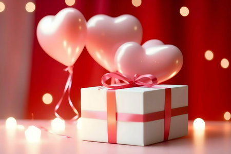 A white gift box with a pink ribbon, adorned with heart-shaped balloons, creates a romantic Valentine's Day scene.の写真素材