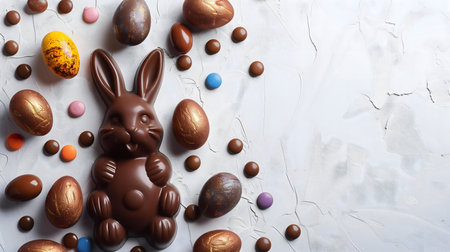 A chocolate bunny surrounded by painted Easter eggs and colorful candies on a textured background....