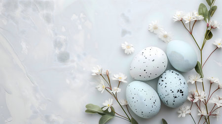 A lovely flatlay showcasing pastel Easter eggs nestled among delicate white spring blossoms. Perfect for Easter cards or spring themes.の写真素材