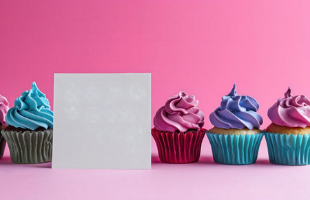 Four pastel cupcakes arranged with a blank notecard against a pink background. Perfect for celebration!の写真素材