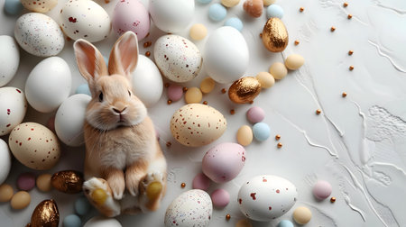 A charming Easter bunny sits amidst a delightful collection of pastel-colored eggs and sweet treats.