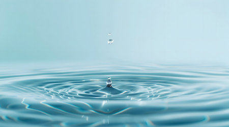 A single water droplet falls, creating concentric ripples on a tranquil surface. Peaceful and pure.の写真素材