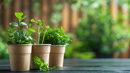 Three potted herbs, mint, oregano, and thyme, thrive in a sunny backyard setting. The image evokes a sense of calm and freshness.の写真素材