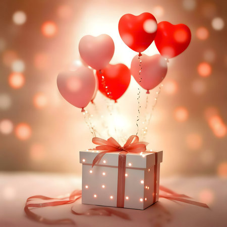 A gift box with heart-shaped balloons. Perfect for Valentines.の写真素材