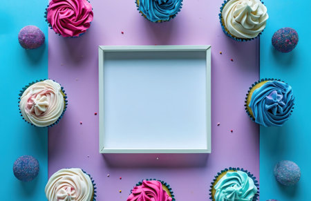 Pastel background featuring colorful cupcakes surrounding a blank frame. Perfect for party invitations.の写真素材