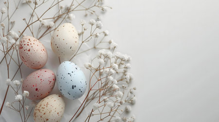 Five pastel colored eggs nestled amongst delicate baby's breath flowers. A spring-themed image.の写真素材