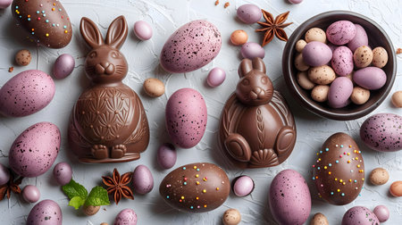 A delightful arrangement of chocolate Easter eggs and bunnies, surrounded by pastel candies and star...