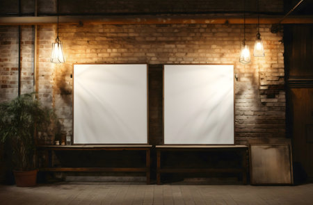 Two blank canvases on a rustic brick wall in a dimly lit room.の写真素材