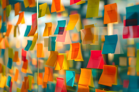 Many colorful sticky notes stuck on glass, representing ideas, planning, or a workspace.の写真素材