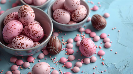 Pastel pink and brown speckled Easter eggs in bowls surrounded by pink candies and sprinkles.
