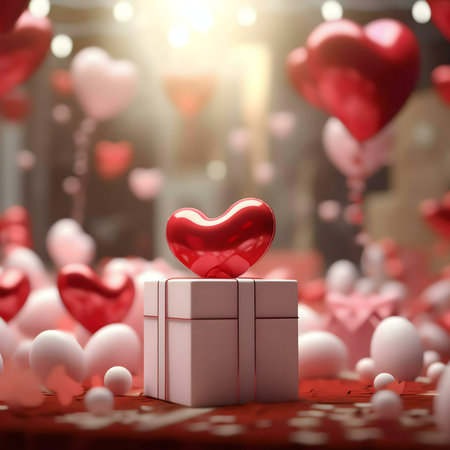 A red heart sits atop a white gift box surrounded by pink and red balloons. A romantic and festive scene perfect for Valentine's Day.の写真素材