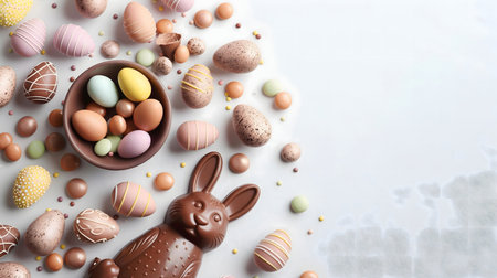 A delightful arrangement of chocolate Easter eggs, a chocolate bunny, and assorted candies. Perfect for Easter celebrations!の写真素材
