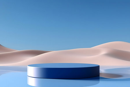 A blue platform sits on a reflective surface before a sandy dune landscape under a clear sky. Minimalist serenity.の写真素材