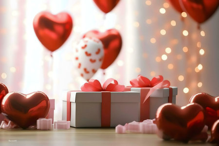 White gift boxes with red bows surrounded by red heart-shaped balloons. A perfect Valentine's Day scene.の写真素材
