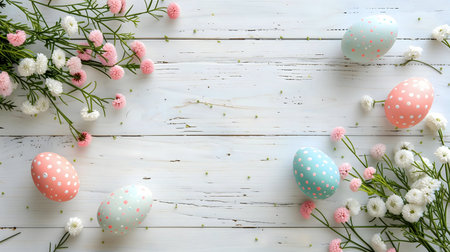 Happy Easter! Pastel colored eggs and delicate flowers create a cheerful springtime scene.