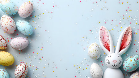 Adorable Easter bunny surrounded by pastel eggs and sprinkles. Perfect for cards or spring...