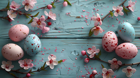 Delightful Easter image featuring pastel eggs and delicate pink blossoms on a rustic blue wooden...
