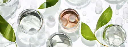 Close-up of skincare products with green leaves, emphasizing natural ingredients and hydration.の写真素材