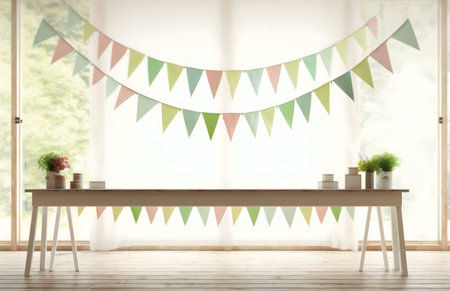 A simple white table decorated with pastel bunting and potted plants sits before a bright window.の写真素材