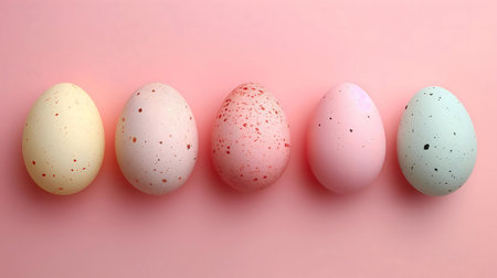Five pastel-colored speckled Easter eggs arranged in a row on a pink background.