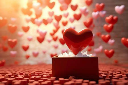 A large red heart sits in a red gift box, surrounded by smaller hearts falling from the sky. Romantic concept for Valentines Day.の写真素材