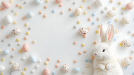A white bunny surrounded by pastel Easter eggs and candies. Perfect for Easter cards or decorations.の写真素材