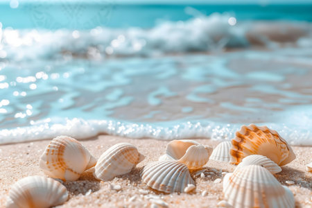 Seashells resting on a sandy beach, soft waves gently lapping the shore. A tranquil summer scene.