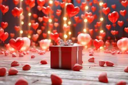 A red gift box sits amidst many red heart-shaped balloons, creating a romantic and festive...