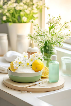 A serene scene with lemons, flowers, and a bottle of essential oil.