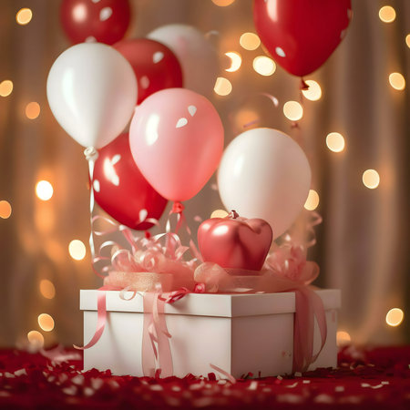 A white gift box decorated with pink and red balloons and a heart-shaped ornament. Perfect for Valentine's Day.の写真素材
