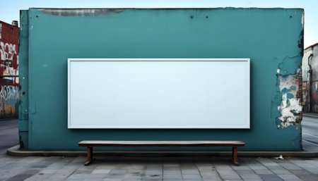A large blank billboard on a teal wall with a wooden bench. Urban setting.の写真素材