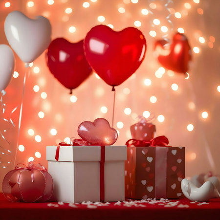 A romantic Valentine's Day scene with heart-shaped balloons, gifts, and warm lighting. Perfect for love and romance.の写真素材