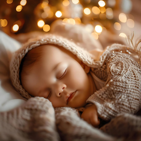 A baby sleeps peacefully, nestled in a cozy knit sweater under soft Christmas lights. Pure serenity.の写真素材