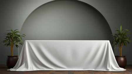 A white tablecloth elegantly draped on a table, indoor setting with potted plants.の写真素材