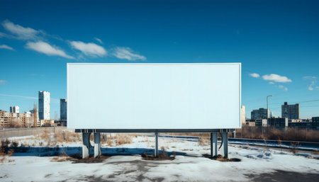 A large, blank billboard stands in a snowy urban setting. Buildings and a clear blue sky provide a backdrop.の写真素材