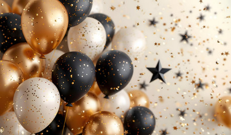 A stunning image of black, gold, and white balloons with gold confetti falling, perfect for celebratory occasions.の写真素材