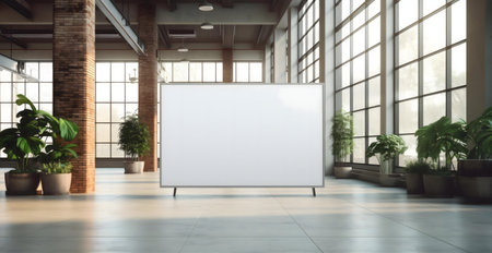 Large blank whiteboard in a spacious modern industrial loft with sunlight streaming through large windows.の写真素材