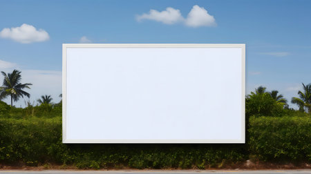 Blank billboard mockup in a tropical landscape. Perfect for advertising and marketing campaigns.の写真素材
