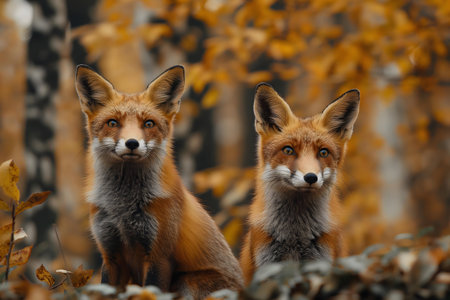 Two beautiful red foxes sitting in an autumnal forest. Golden leaves create a stunning backdrop.の写真素材