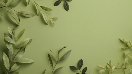 A tranquil image featuring a frame of green leaves on a soft olive green background. Perfect for...