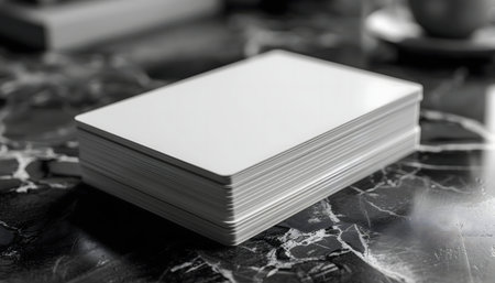 Close-up of a stack of blank white cards resting on a marble surface. Perfect for design mockups.