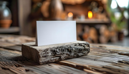 A blank white card sits on a rustic wooden holder, perfect for showcasing your design.の写真素材