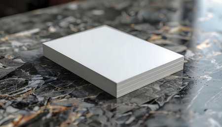 A stack of blank white paper sits on a dark marble table. Perfect for a mockup.