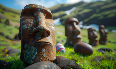 Moai statues in a scenic landscape.の写真素材