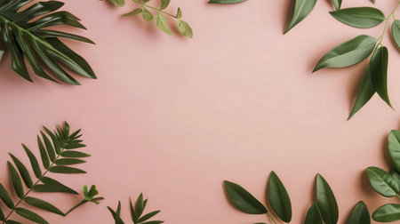 A flatlay image showing a pink background decorated with various green leaves, creating a frame.の写真素材