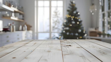 A wooden table in a kitchen, Christmas tree in the background.の写真素材