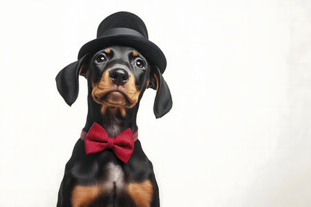 Adorable puppy wearing a top hat and bow tieの写真素材