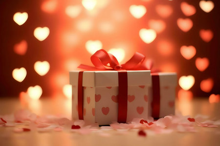 A beautifully wrapped gift box with a red ribbon sits amidst soft pink petals and a heart-shaped bokeh background.の写真素材