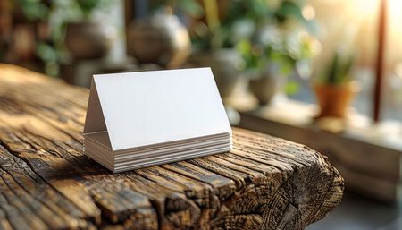 A stack of blank white cards sits on a rustic wooden table. Perfect for showcasing your design or brand.の写真素材