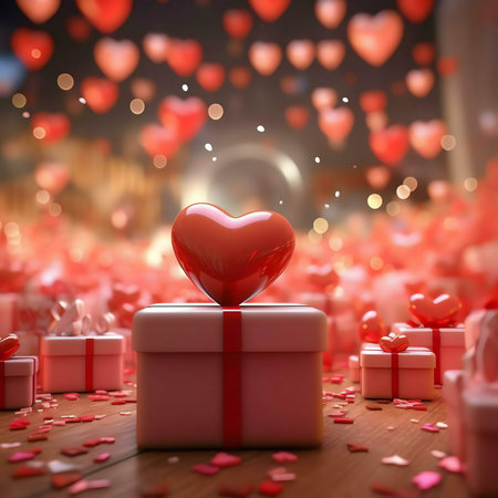 A shiny red heart rests atop a pink gift box, surrounded by many smaller hearts and gifts, creating a romantic and festive atmosphere perfect for Valentine's Day.の写真素材